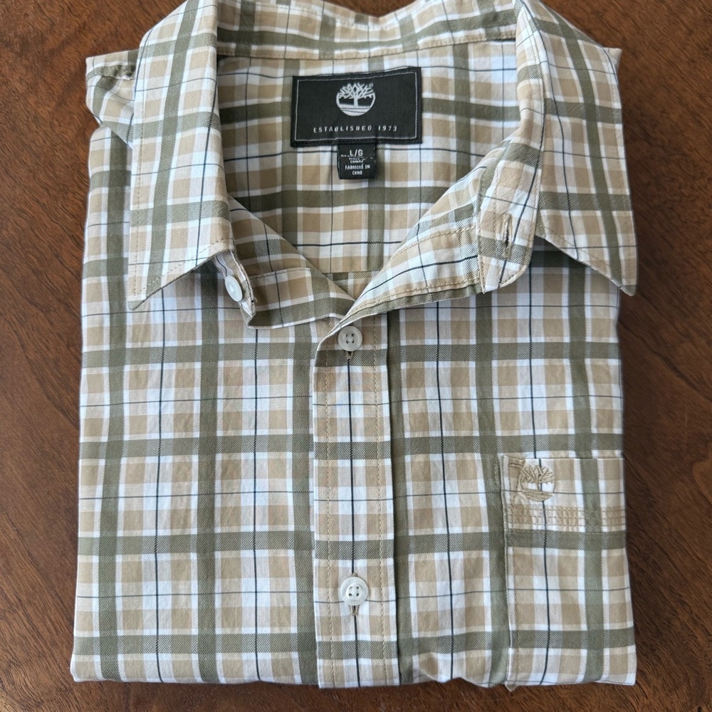 Timberland Shirt Mens Large‎ Brown White Plaid Button Up Short Sleeves Pocket